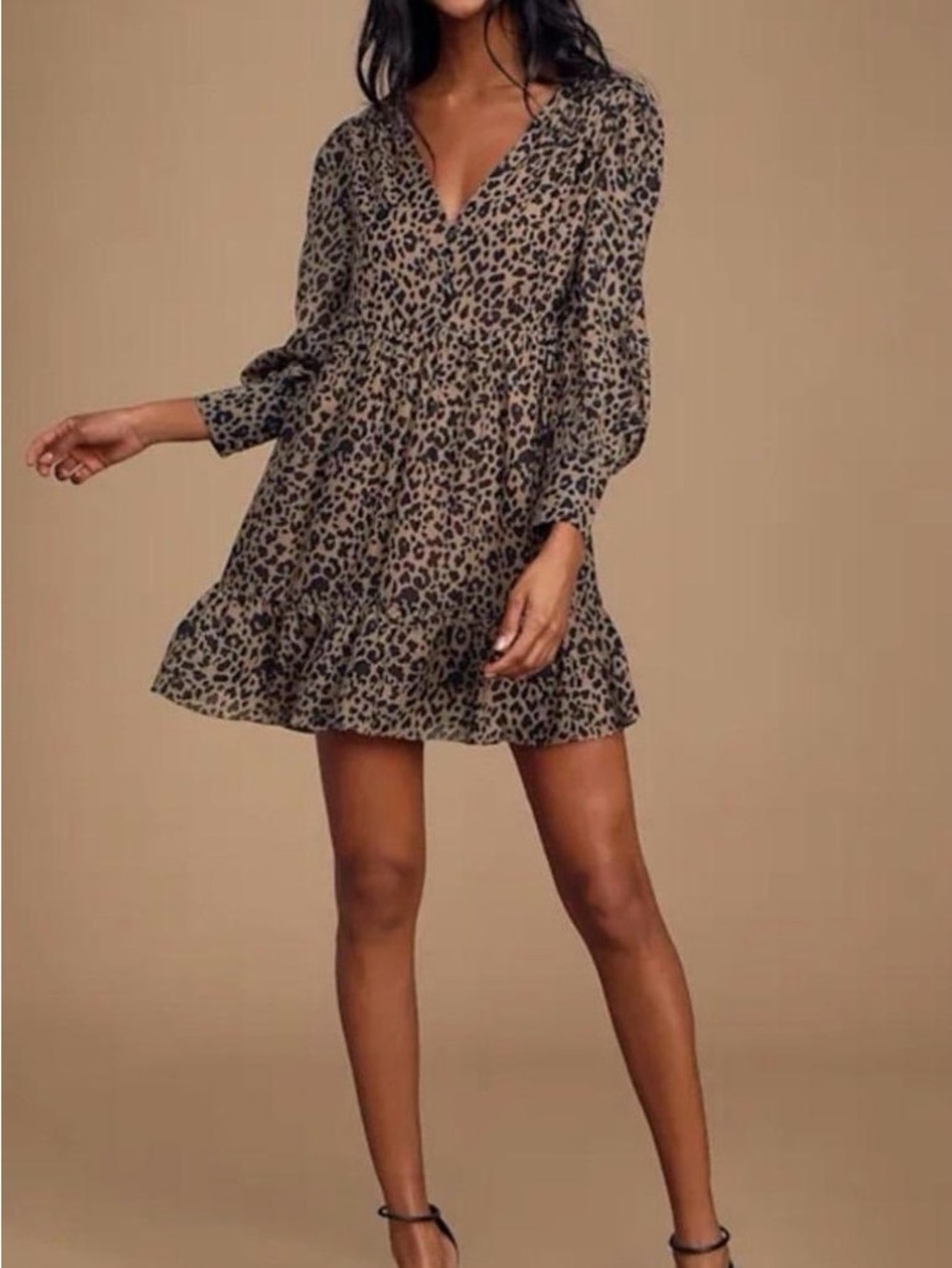 Lulu's Leopard Print V-Neck Tiered Long Sleeve Dress - Brown/Black